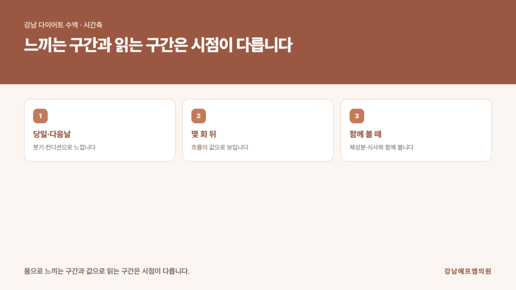 강남 다이어트 수액을 맞은 당일과 다음 날, 그리고 몇 주 뒤까지 시점별로 무엇을 확인하는지 시간 순서로 정리한 강남에프엠의원 자료 이미지