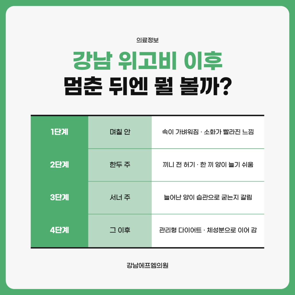 강남 위고비를 멈춘 뒤 배고픔 신호가 돌아오는 시점과 식사 구성·근육량·생활 리듬이 그 흐름을 붙드는 자리를 시간 순서로 정리한 강남에프엠의원 자료 이미지