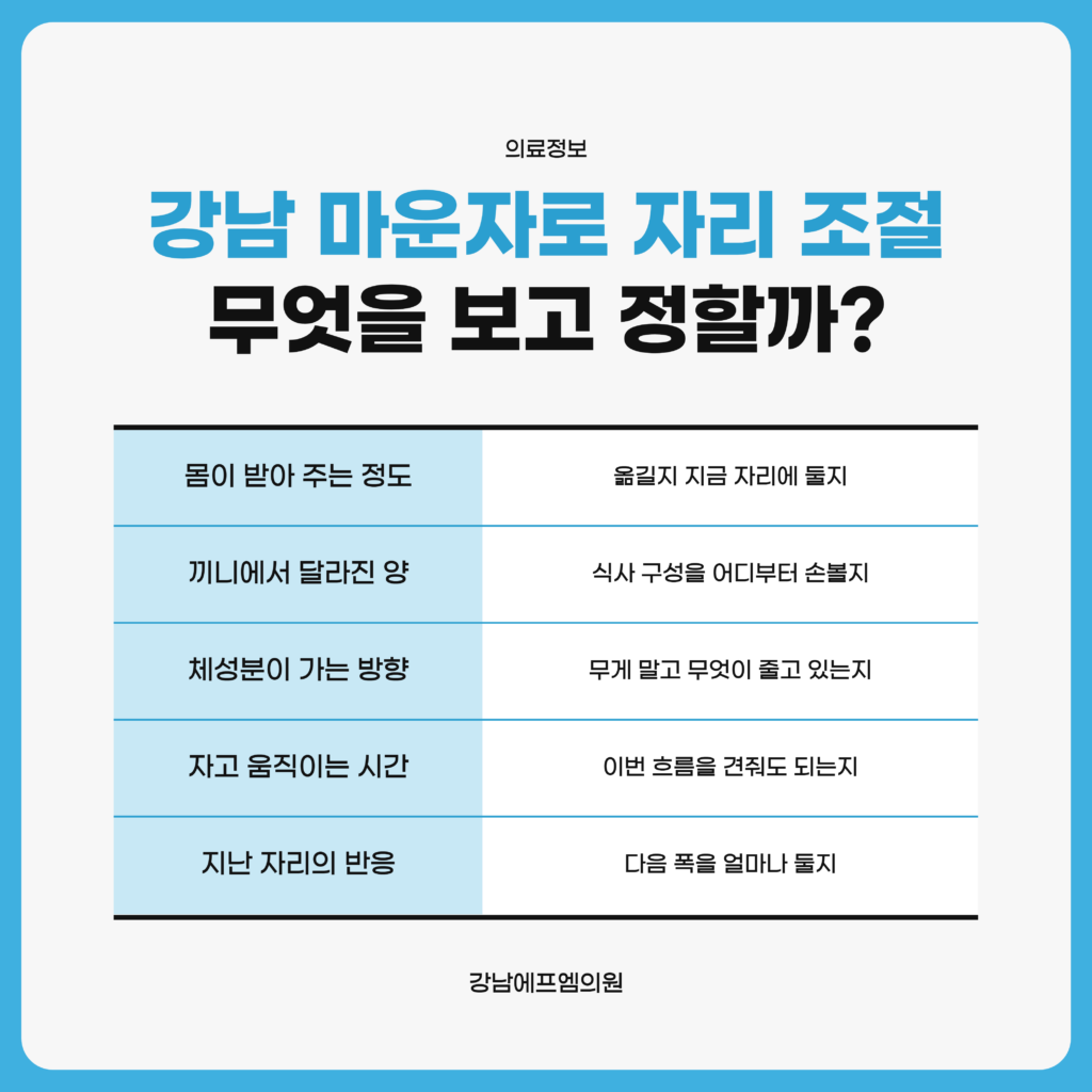 강남 마운자로의 양을 옮길지 그대로 둘지 정할 때 몸이 받아 주는 정도와 끼니 변화, 체성분 방향과 생활 리듬을 나란히 놓고 보는 판단 순서를 정리한 강남에프엠의원 자료 이미지