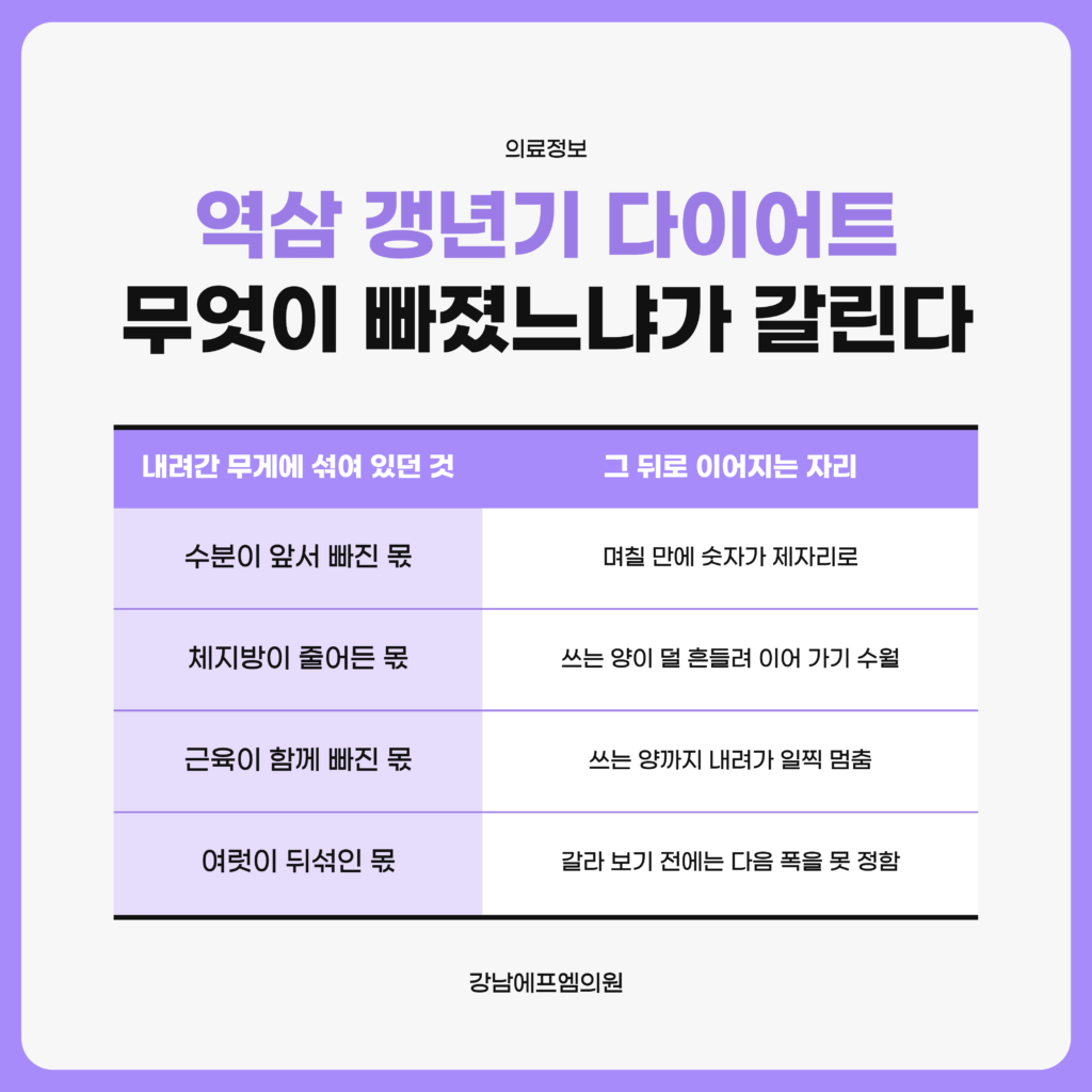 역삼 갱년기 다이어트에서 내려간 체중 안에 무엇이 섞여 있었는지에 따라 이어 갈 방향이 달라진다는 것을 정리한 강남에프엠의원 자료 이미지